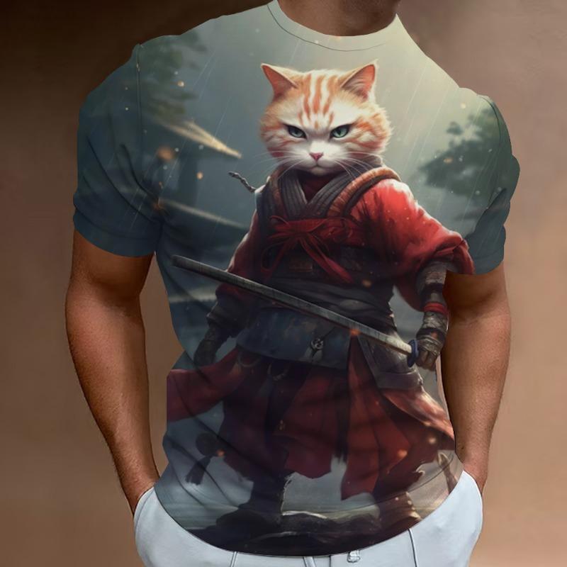 New Retro Men s T-Shirt 3d Samurai Cat Print Short Sleeve T-Shirt For XXS