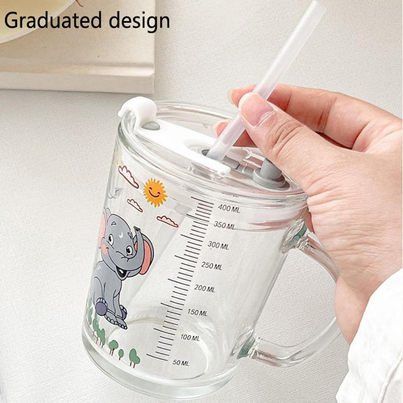 Kids Straw Cup With Lid And Handle Cute Glass Tumbler Baby Feeding Water Bottle Cartoon Glass Cup For Kids Drinkw