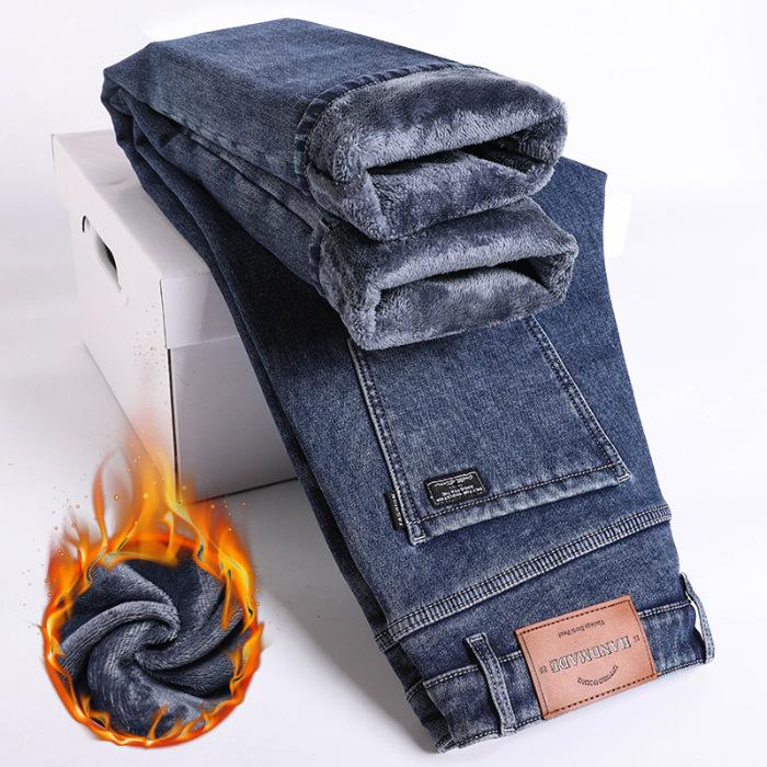 2024 New Autumn And Winter Men'S Warm And Plush Thick/Thin Jeans Slim Fit Straight Leg Long Pants