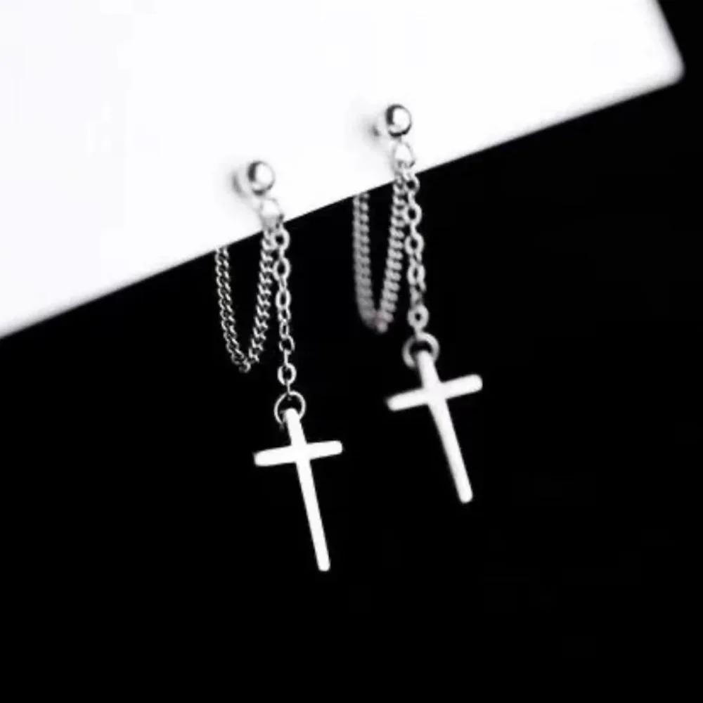 Punk Cross Drop Earrings for Women Men Gothic Hip Hop Long Tassel Hanging Earring Jewelry Gift Bijoux