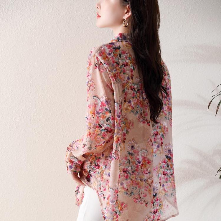 New Summer Plus Size Chiffon Blouse Women Loose Long Sleeve Casual Print Tops Fashion Shirt Tees