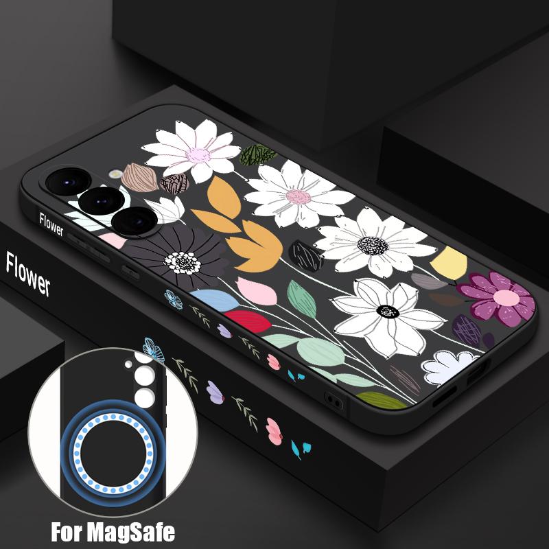 

White Flower Pattern Case For Samsung Galaxy S26 S25 Ultra S24 S23 FE S22 Plus S21 Built-in Metal Plate Magnetic Silicone Cover Samsung S26 Ultra