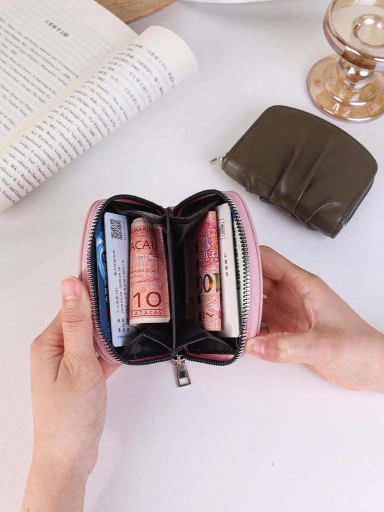 Portfel damski kompaktowy w stylu koreańskim, plisowany - Uroczy, jednolity kolor, wszechstronna portmonetka