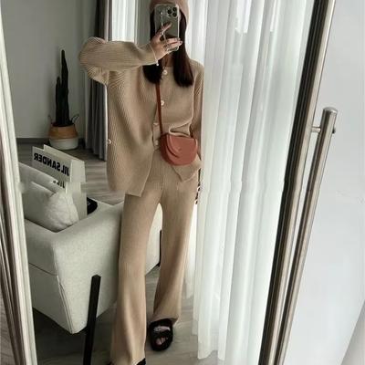 Elegante Strickwaren-Hosen-Ensembles, weicher Pullover, Strickjacke, Oberteile, Strickanzug, weite Beine, Pantalones Conjunto, lässig gestrickt, zweiteilig