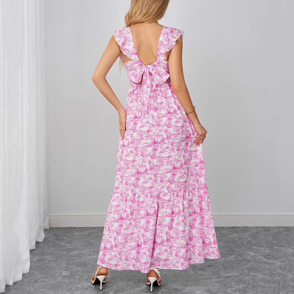 Summer new small fresh printing suspender dress, European and American sexy holiday style V-neck backless strap dress