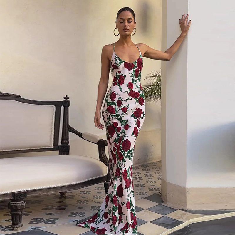 

Western Style Ins New Fashion Deep V Print Slim fit Long dress Sexy Backless Sling Slim fit Formal Dress Dress Women White L