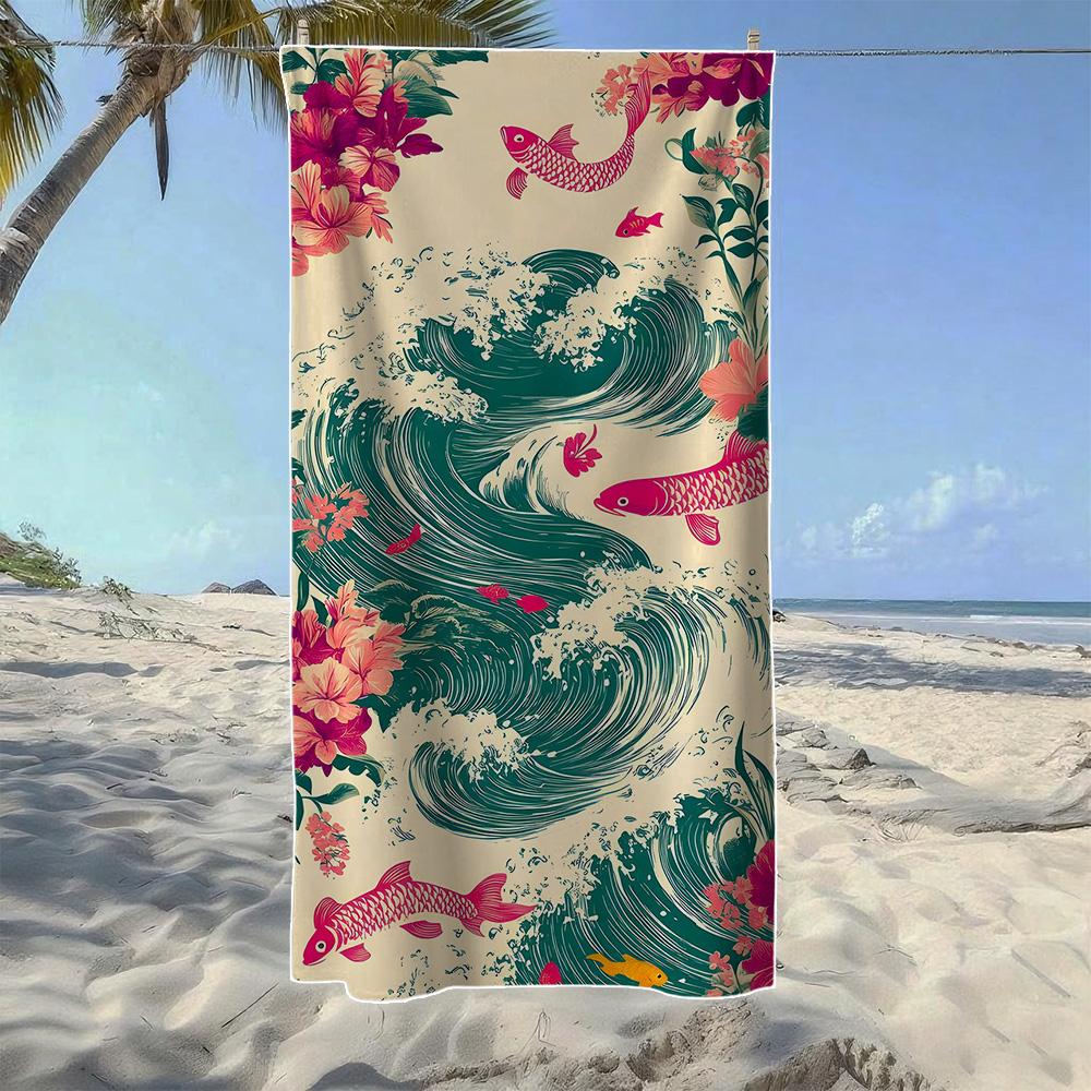 Fish School & Swirl Wave Pattern Beach Towel, Soft Quick-Drying, Perfect For Portable Outdoor Travel, Camping And Summer Beach