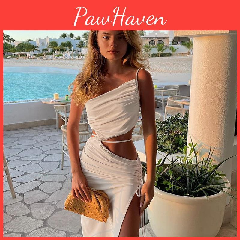 Club Holiday Women Outfits Summer Party Split Elegant Sexy Cut Out Drawstring Ruched Long Dress