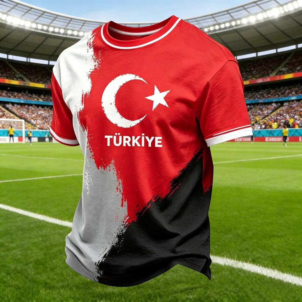 Men's Casual Crew Neck Short Sleeve Pullover T-Shirt Football Fan Top Turkey National Team Inspired Design Comfortable Fit