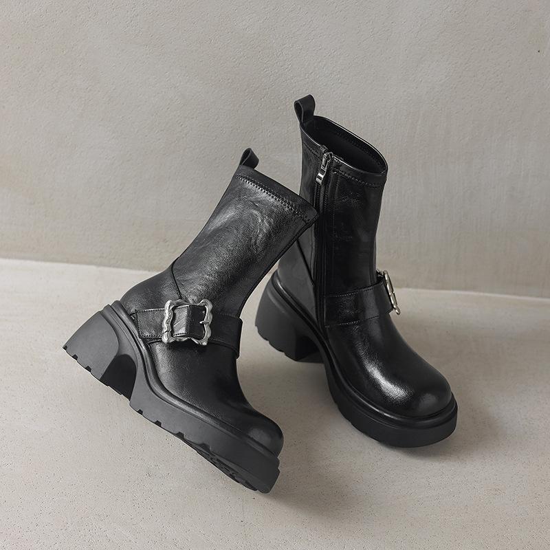 Side Zipper Short Boots Women'S Round Head Elastic Thin Boots Belt Buckle Thick Sole Height Small Medium Boots