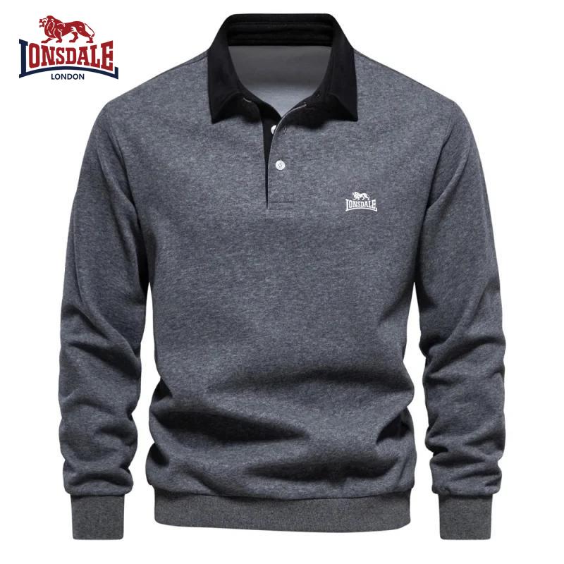 Lonsdale Tricou polo pentru bărbați din bumbac pur brodat cu mâneci lungi pentru toamnă și iarnă, top multifuncțional nou la modă și casual