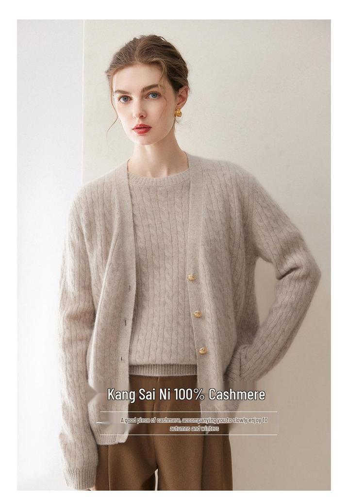 Kang Sai Ni Women's 100% Cashmere Cable Knit Retro Sweater