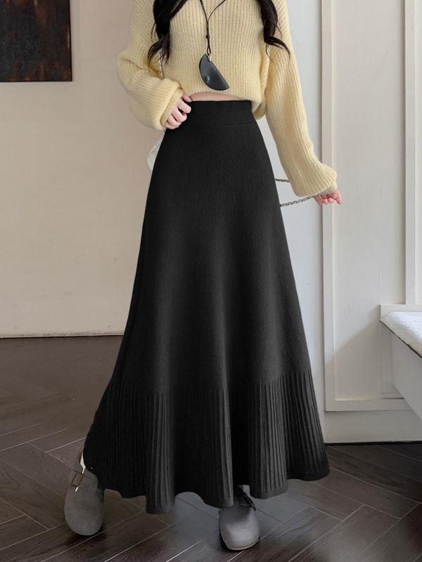 High Waist Knitted A-line Pleated Skirt – Autumn/Winter Women's Slimming Core-Spun Yarn