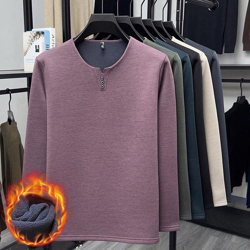 2025 Men's V-Neck Long Sleeve Plus Velvet Thickened T-shirt - Autumn/Winter, Youth Plus Size, Solid Color Base Layer