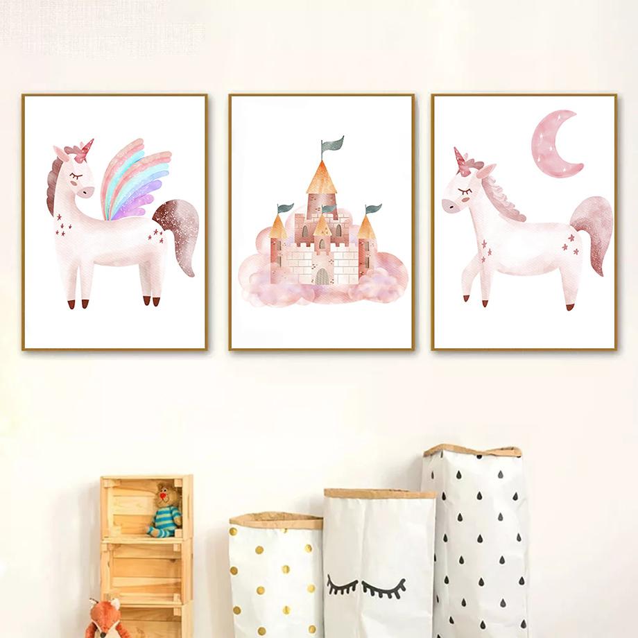 Pink Lovely Dance Girl Castle Unicorn Swan Wall Art Canvas Painting Nordic Posters And Prints Wall Pictures For Kids Room Decor