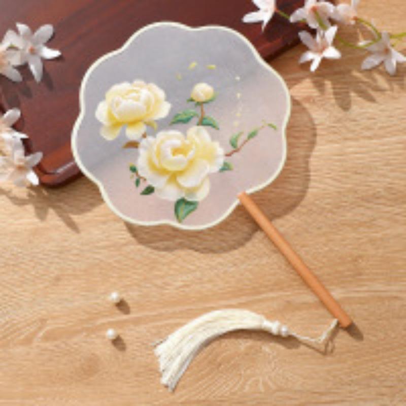 Ancient Handheld Flora Embroidered Fan with Pendant Floral Shaped Chinese Style Fan Butterfly Tassels Group Fan Photography Prop