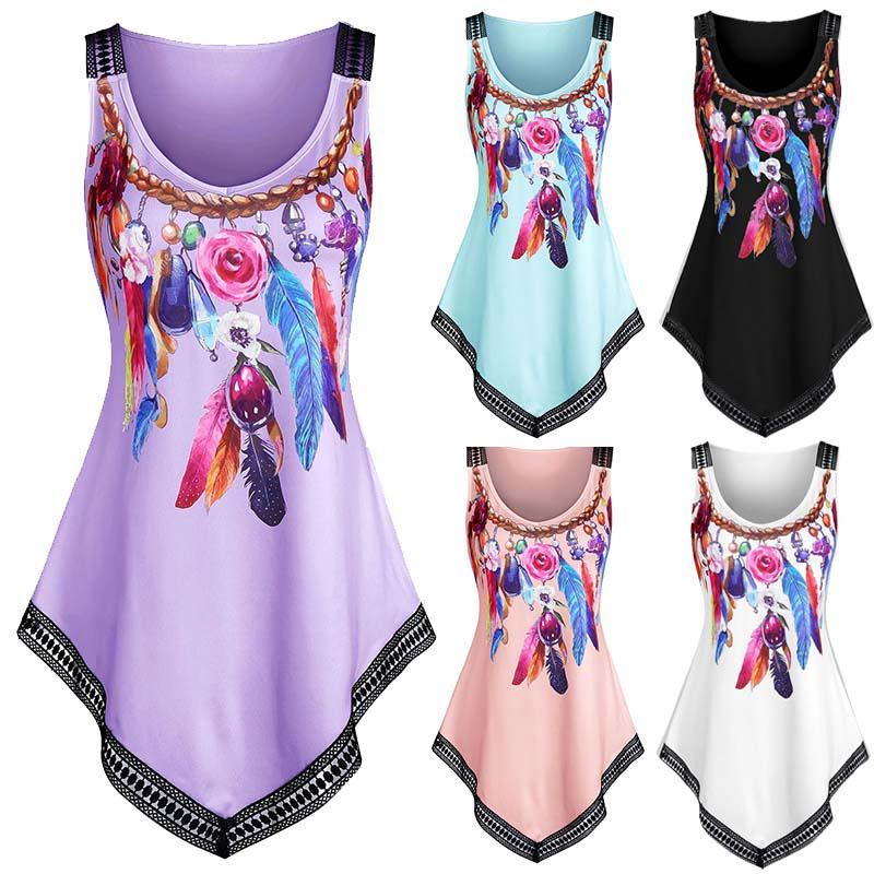 

женщины Мода Перо Печать кружева Trim Указал Хем Танк Top