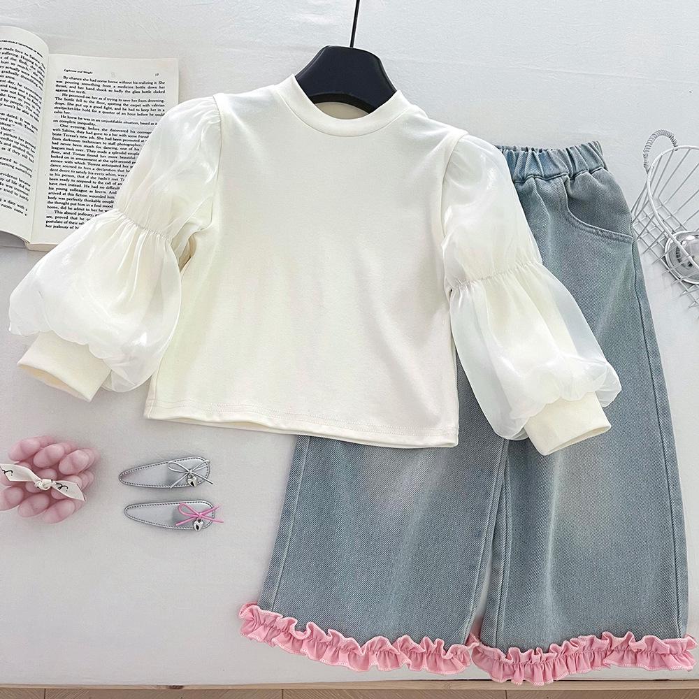 Girls' 2025 Autumn Denim Three-Piece Set: Fashionable Top, Elastic Base Layer & Wide-Leg Pants