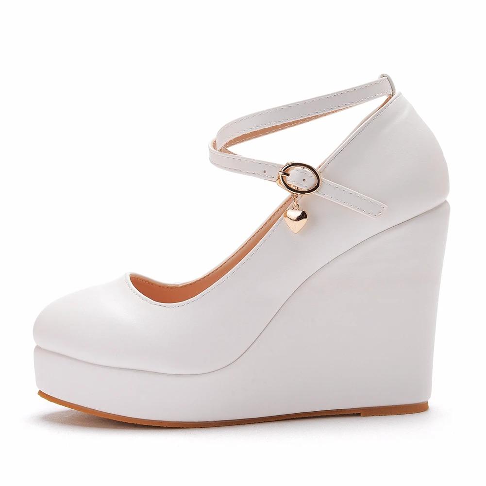 Fashion Crystal Queen White Platform Wedges Pumps Women High Heels Shoes Round Toe Cross Ankle-Strap Large Sizes