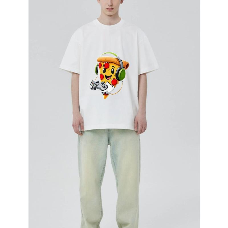 Casual T Shirt Black Pizza Gamer With Headphones And Controller Graphic For Gaming And Everyday Wear