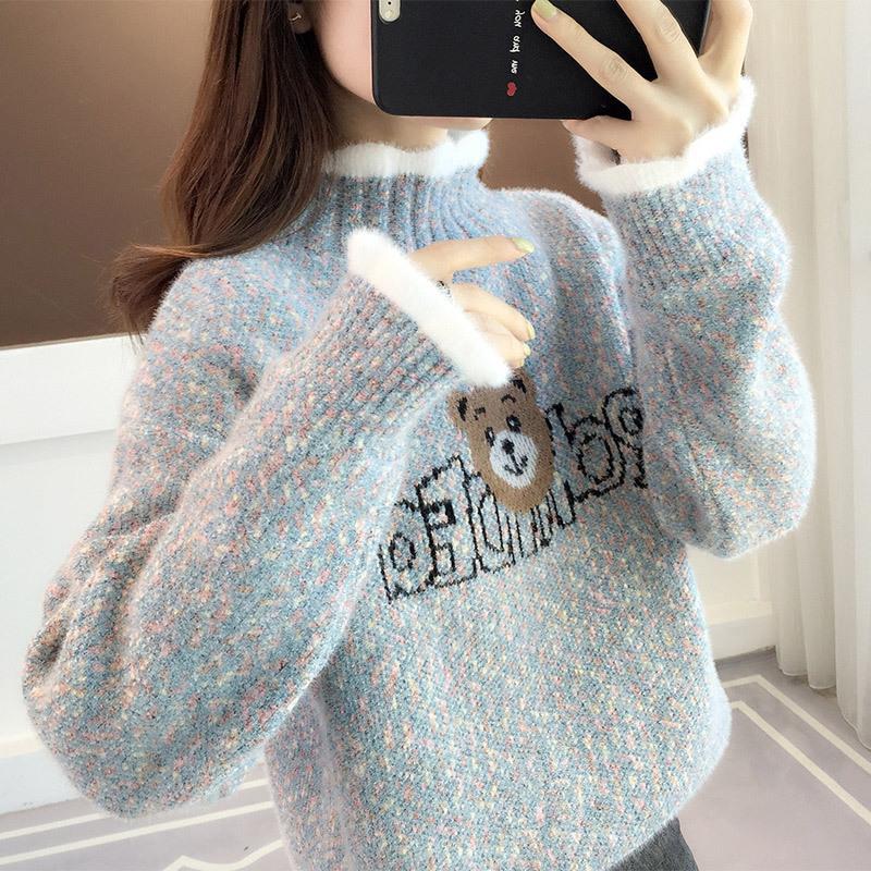 Half Turtleneck Sweater Women's Autumn/Winter Style Cartoon Bear