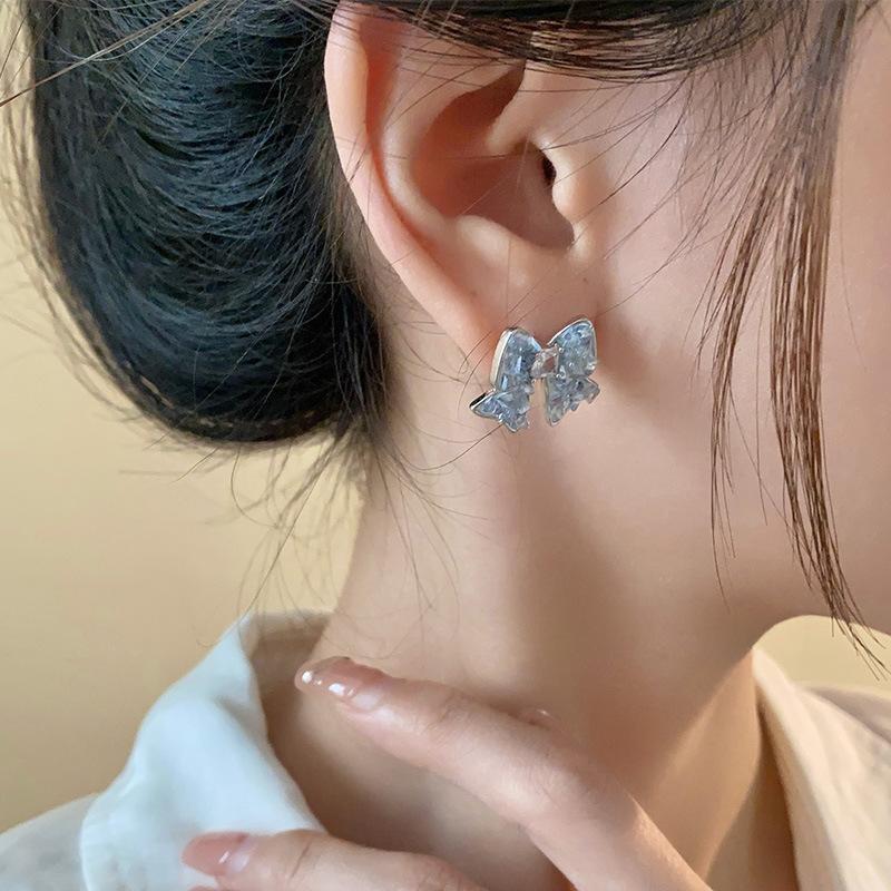 Zircon crystal bow stud earrings spring and summer new blue small fresh earrings fashionable versatile light luxury earrings