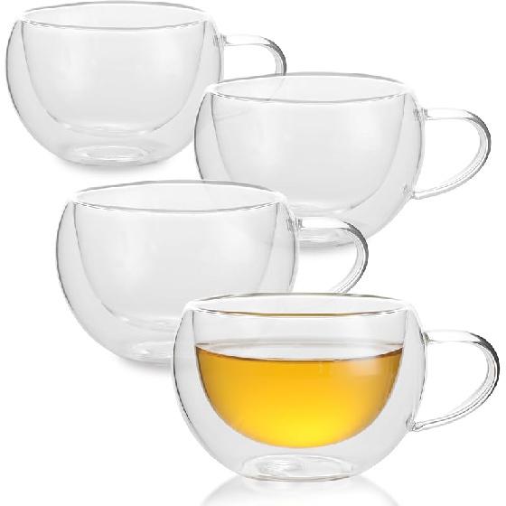 Double Wall Insulated Glass Tea Cups Set of 4, Clear Borosilicate Glass Espresso Shot Cups for Espresso Machine, Glass Teacups Coffee Mugs with