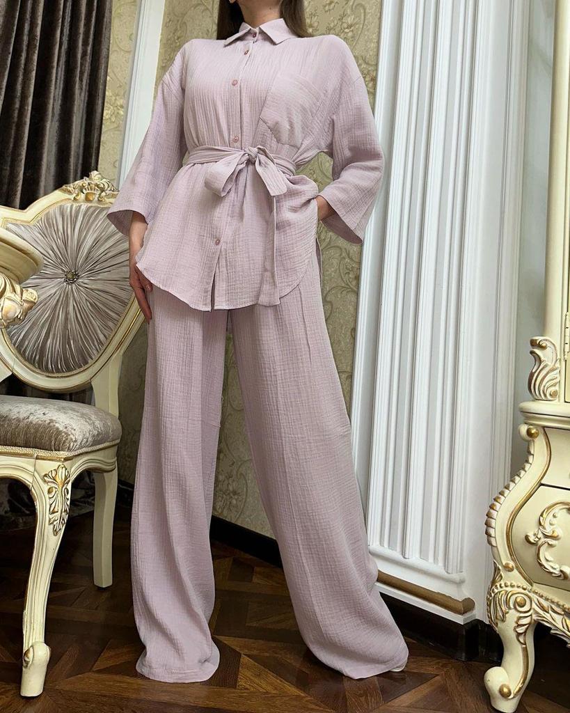 Conjunto de Camisa com Amarração e Calça de Pernas Largas Feminino Europeu e Americano Primavera 2024
