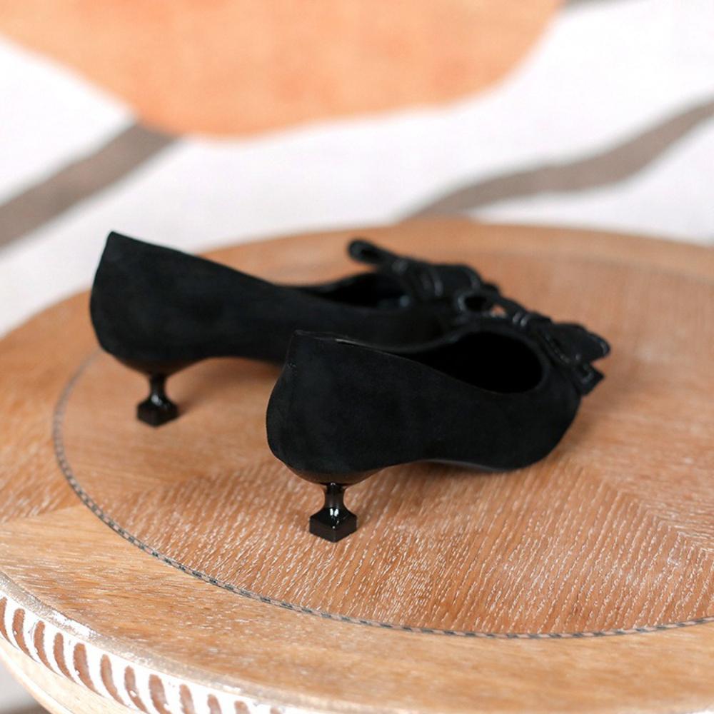 2025 New Spring Autumn Women's French High Heels - Pointed Toe Stiletto Low Heel, Elegant Black Bowknot Single Shoes XCY-6688-5