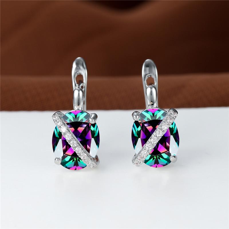 Cute Female Big Oval Stone Earrings Luxury Crystal Blue Purple Hoop Earrings Rose Gold Silver Color Wedding Earrings For Women