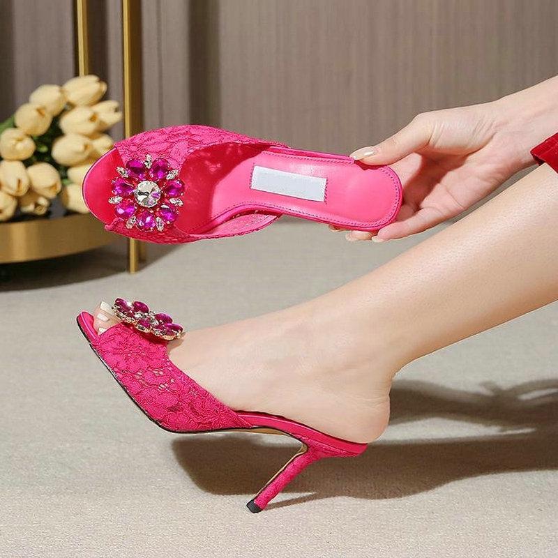 Fashion Women'S Summer Rhinestone Lace Round-Toe High Heels, Mesh Fabric Breathable Rhinestone Thin Heel Sandals