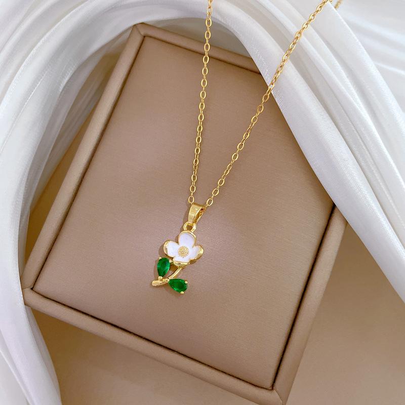 Oil Dripping Green Leaf Flower Full Diamond Light Luxury Temperament Gorgeous Full Diamond Necklace Female Versatile Collarbone Chain Titanium Steel