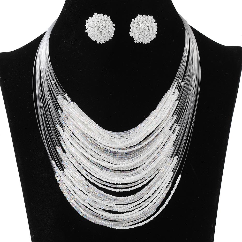 Bohemian Multi-Layer Rice Bead Necklace Earrings Set Retro Ethnic Style Sweater Chain Women'S Multi-Layer Jewelry