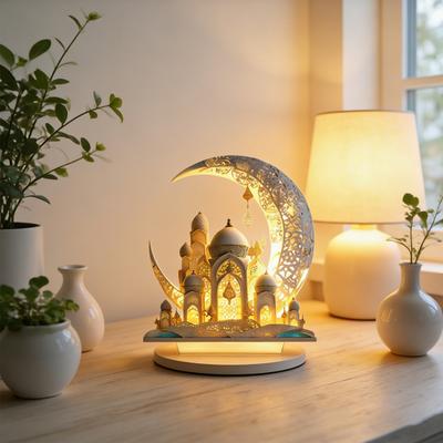 Eid Mubarak Acrylic Ornament 2D Crescent Moon Lantern Tabletop Centerpiece Ramadan Mubarak Sign for Home Islamic Party Supplies Eid Gifts