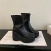 Echtes Leder Plateau Dicke High Heels Damen Stiefeletten Schwarz Quadratischer Kopf Hinten Reißverschluss Bequeme Gothic Schuhe Zapatos Mujer