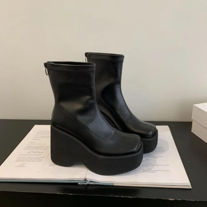 Genuine Leather Platform Thick High Heels Womens Ankle Boots Black Square Head Rear Zipper Comfy Gothic Shoes Zapatos Mujer