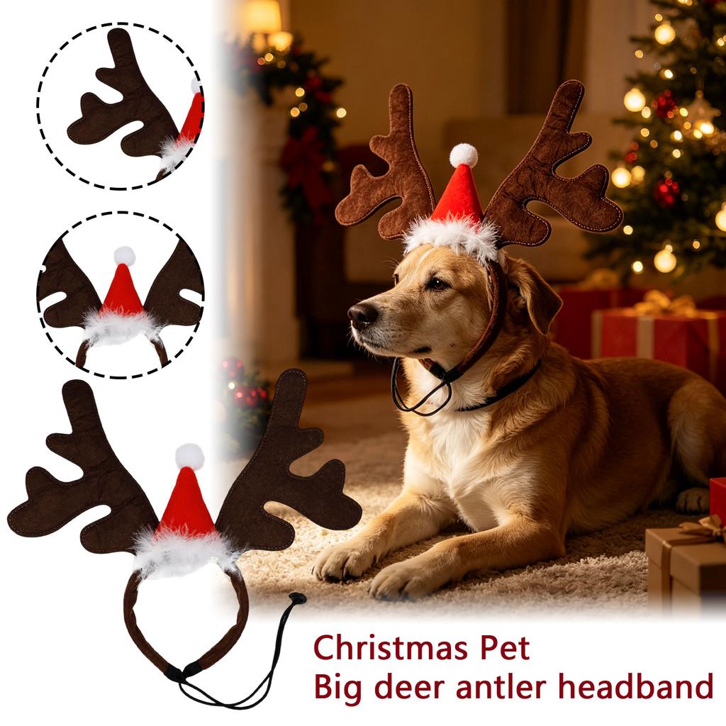 Pet Christmas Headband in Dark Brown with Red Hat for Dog and Holiday Costume Accessory