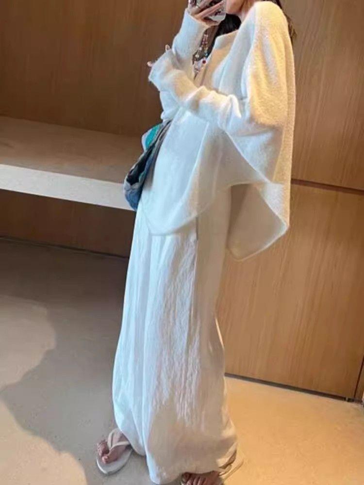 Women's Plus Size High-Waisted Wide-Leg Pants, Winter/Autumn, Loose-Fit, Floor-Length, Versatile White Slimming Design