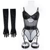 European and American Women Sexy Sheer See Through Bodysuit Patchwork Mesh Lingerie Shapewear with Straps and Gloves