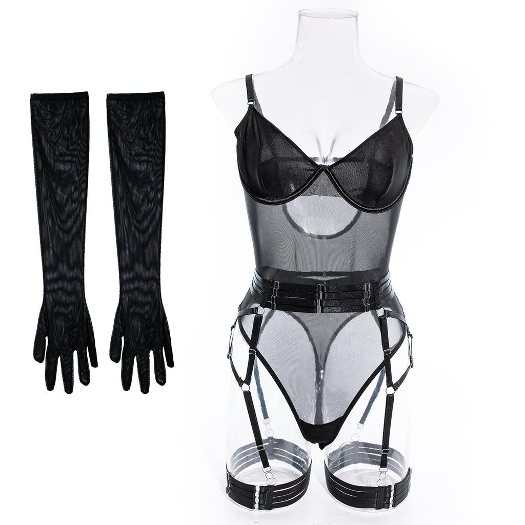 European and American Women Sexy Sheer See Through Bodysuit Patchwork Mesh Lingerie Shapewear with Straps and Gloves