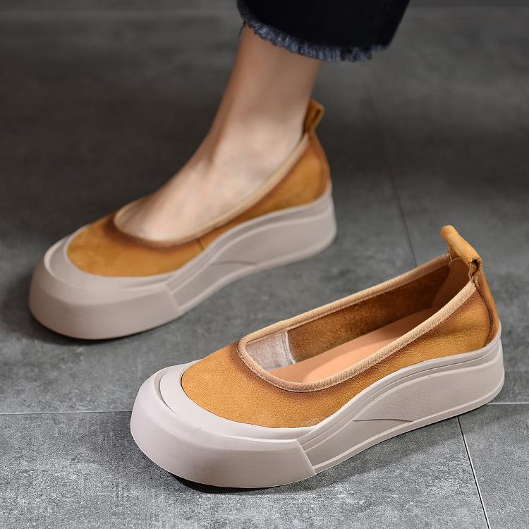 Johnature Loafers Valódi bőr vastag talpú felcsúsztatható cipők kerek orrú sekély női lapos cipők