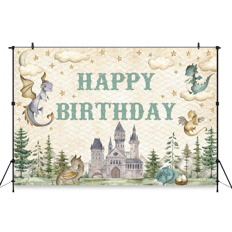 Mocsicka Happy Birthday Photography Backdrop Baby Dragon Moon Star Cloud Magic Medieval Castle Toddler Boys Portrait Backgrounds