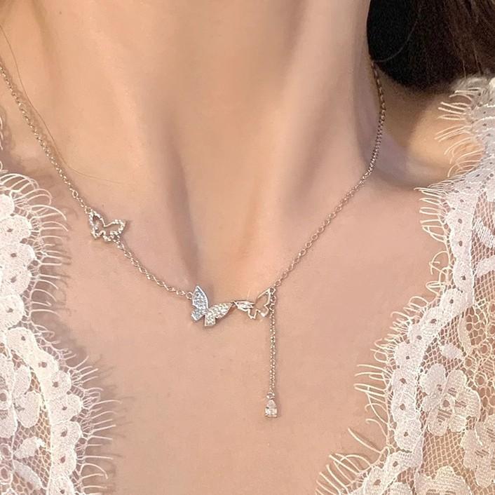 S925 Sterling Silver Diamond Butterfly Tassel Necklace Women's Cold Wind Fashionable Luxury Niche Collarbone Chain Accessories