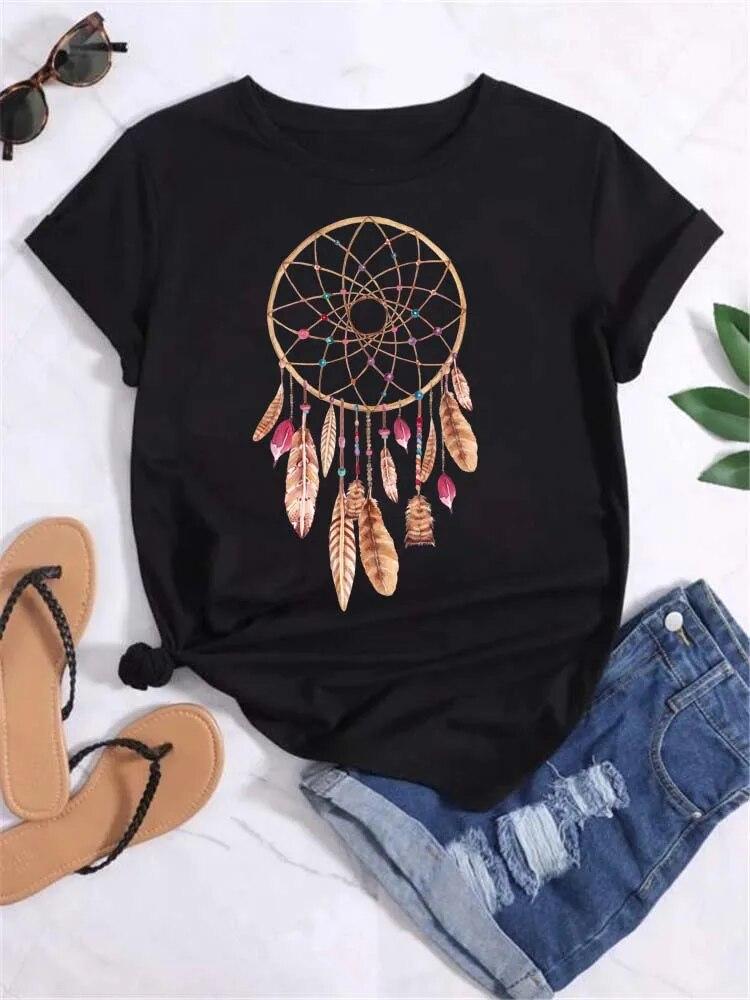 Women's Pattern Short Sleeve T-Shirt Women's Summer Clothing Feather 90S Fashion Women's University T-Shirt