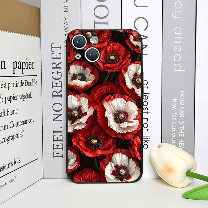 Retro Poppy Flower Bloom Hot Red Printed Phone Case for iPhone 17 16 12 11 14 Plus 13 14 15 Pro Max Mini X XS Floral Soft Cover