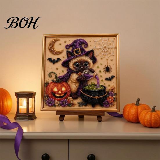 Unique Birthday Gifts for Her Ghost Faux Pearl Art DIY Kit with Frame, Halloween Cat Painting Craft Adults And Teens Kit, 3D Witch Pumpkin Adults,