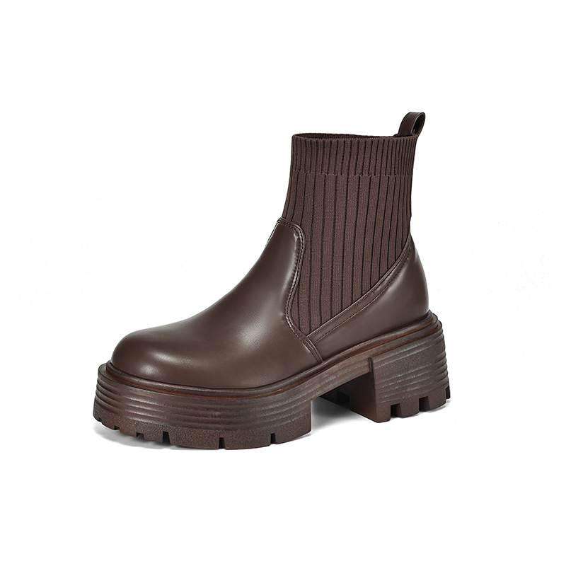 Krazing Pot Microfiber Autumn Winter Shoes Thick High Heels Thick Bottom Size 43 Motorcycle Boots Stretch Knitwear Ankle Boots