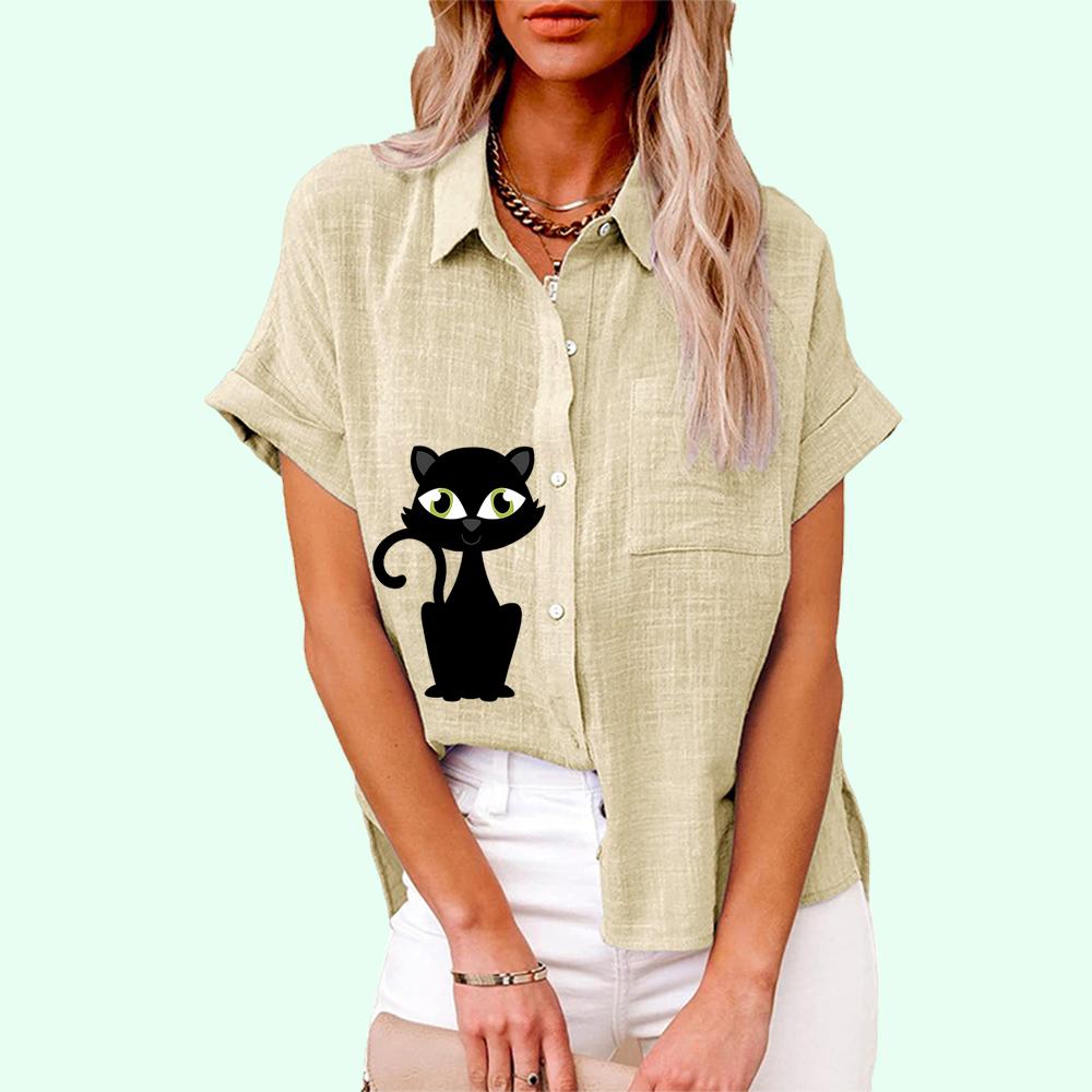 Plus Size Women Casual Short Sleeved Linen Top Fashion Cat Print T-shirt Ladies Loose Buttoned Blouse