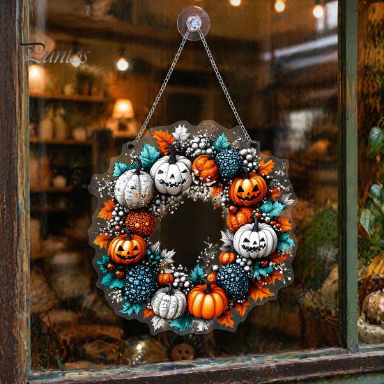 Durable Halloween Porch Decoration Pumpkin Pendant with Hanging Chain Waterproof Acrylic Welcome Front Door Sign for Window Wall Indoor Outdoor