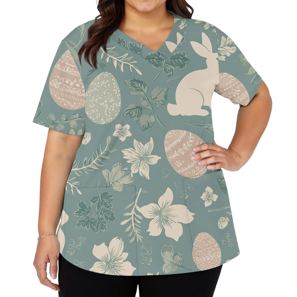 Modisches Damen-Arbeitstop mit V-Ausschnitt und kurzen Ärmeln, mit doppelten Seitenschlitzen und Taschen, featuring Osterhasen- und Eierdrucken.